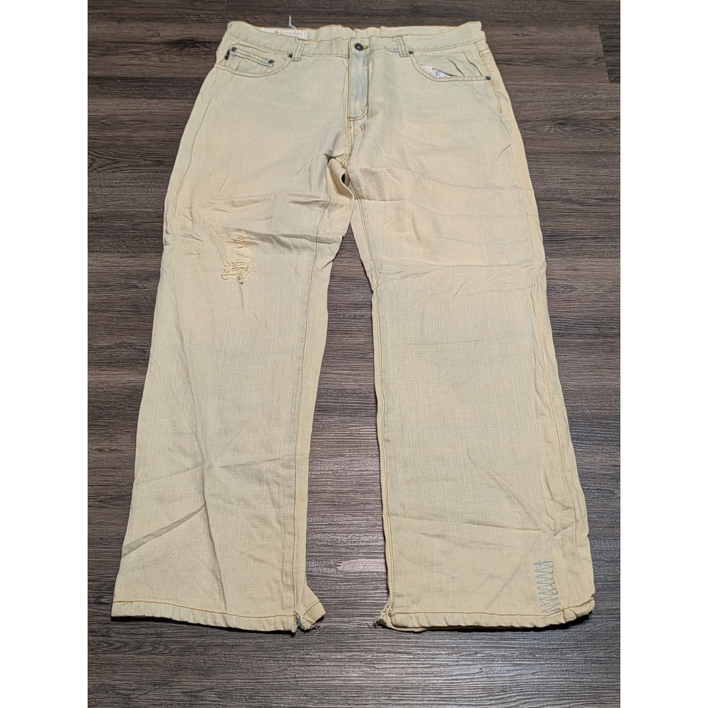 Company 81 Mens Baggy Relaxed Straight Jeans 38x32 Pale Yellow Distressed Y2K